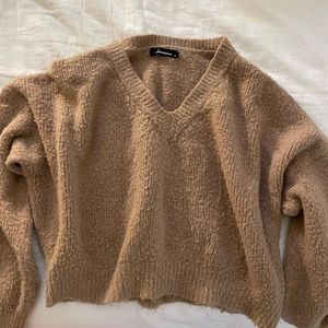 Chestnut Brown Fuzzy V-neck Sweater
